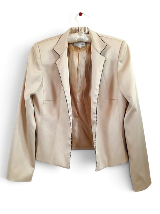 Sandra Darren Jackets & Blazers - 90s Sandra Darren Satin Blazer Size 8 Beige Black Trim Jacket Elegant Neutral